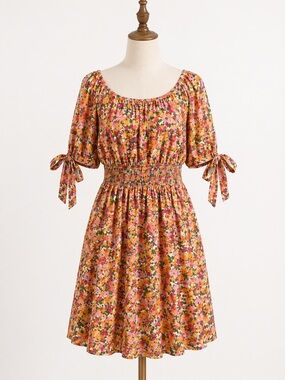 Terra & Sky Pink Orange Green Floral Smocked Mini Dress